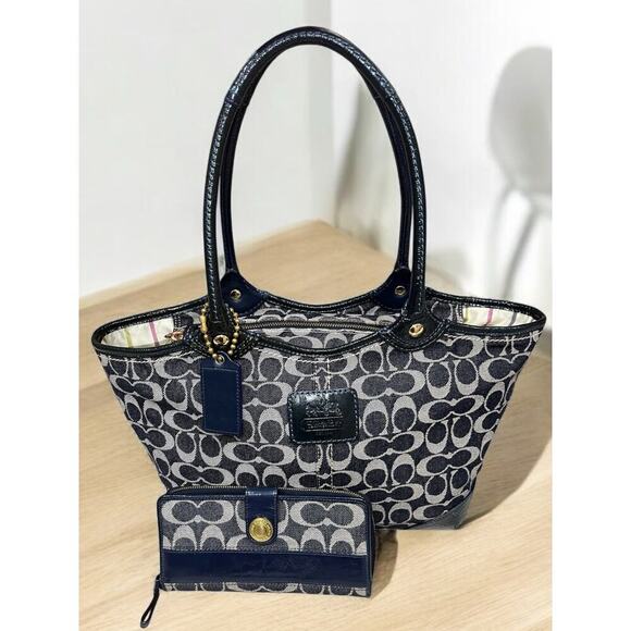 Y2K Coach 12573 Signature Denim Bleecker Tote & Legacy Signature Denim Wallet - Picture 1 of 15